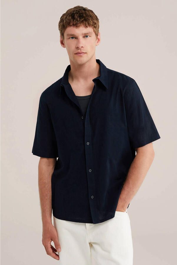 WE Fashion relaxed casual overhemd met linnen donkerblauw