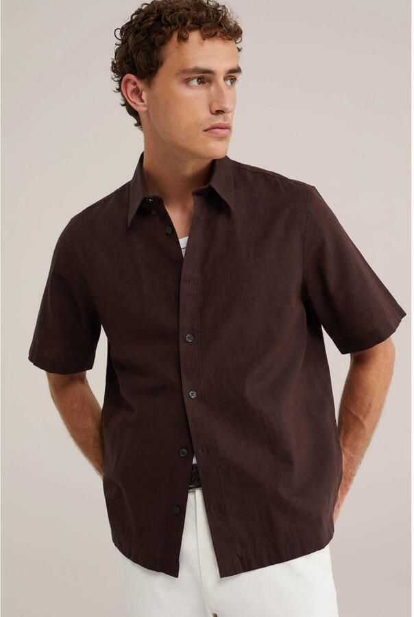 WE Fashion relaxed casual overhemd met linnen donkerbruin