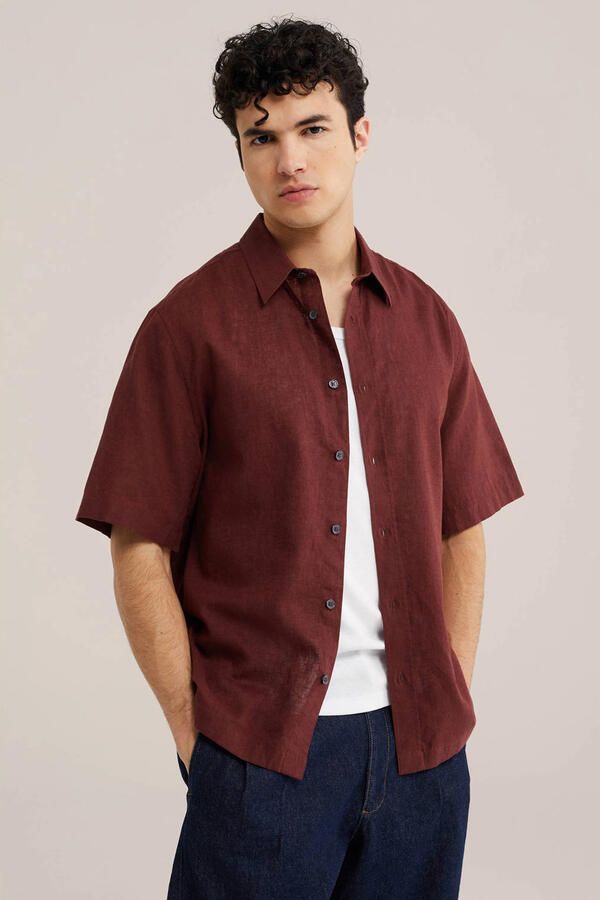 WE Fashion relaxed casual overhemd met linnen rood