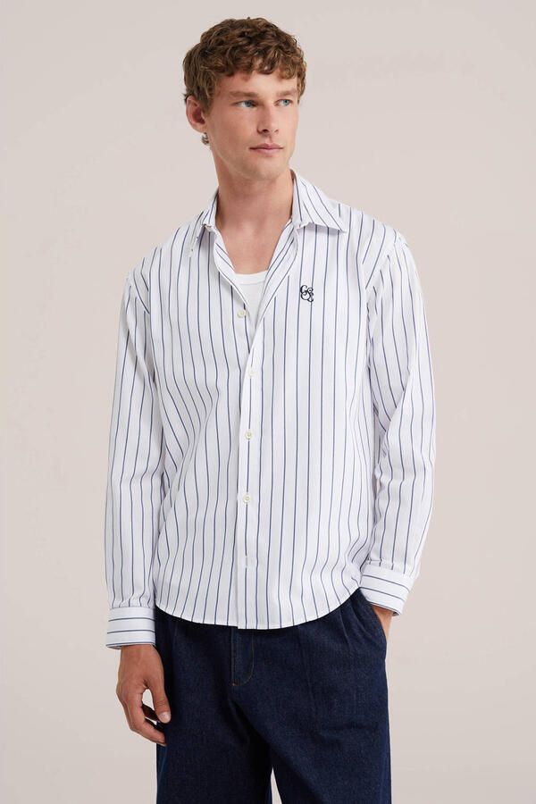 WE Fashion relaxed fit gestreept overhemd met borduursels donkerblauw