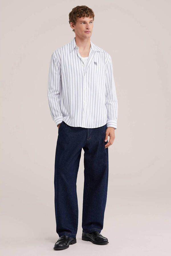 WE Fashion relaxed fit gestreept overhemd met borduursels donkerblauw - Foto 2