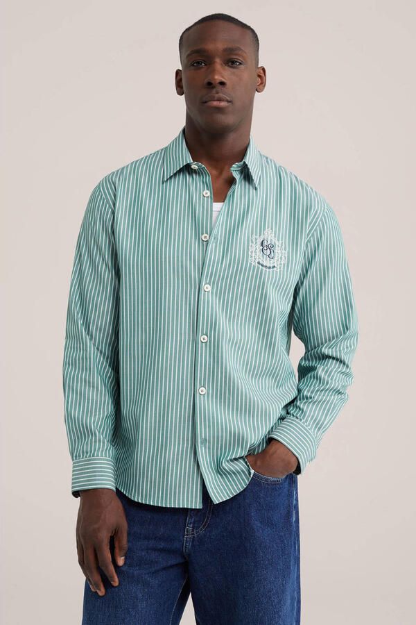 WE Fashion relaxed fit gestreept overhemd met borduursels legergroen