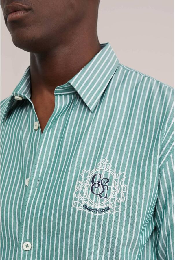 WE Fashion relaxed fit gestreept overhemd met borduursels legergroen - Foto 2