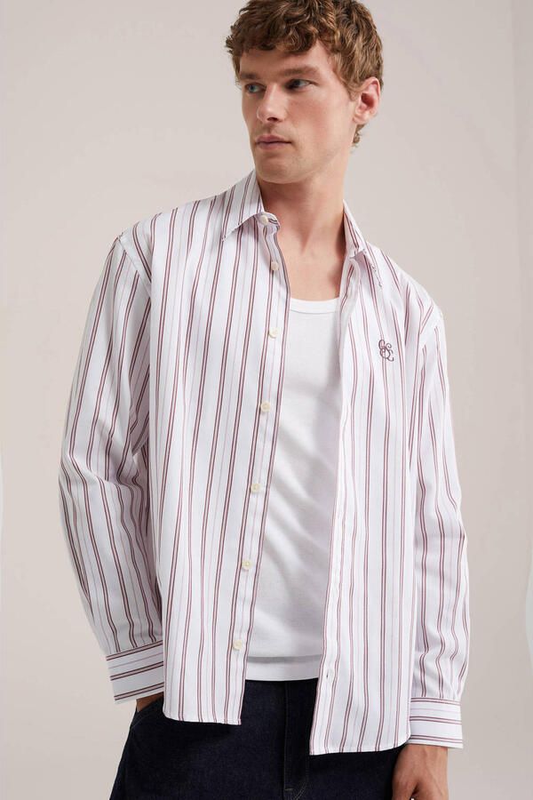WE Fashion relaxed fit gestreept overhemd met borduursels rood