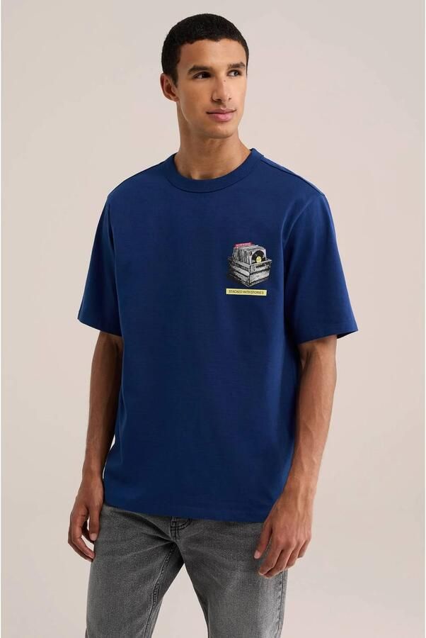 WE Fashion relaxed fit T-shirt met rafels en print donkerblauw
