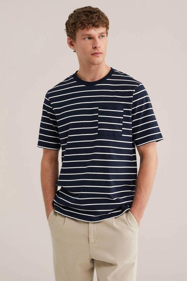 WE Fashion relaxed gestreepte T-shirt met linnen donkerblauw