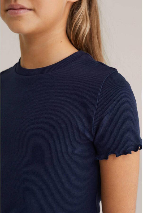WE Fashion ribgebreid T-shirt blue nights Blauw Meisjes Katoen Ronde hals 122 128 - Foto 3
