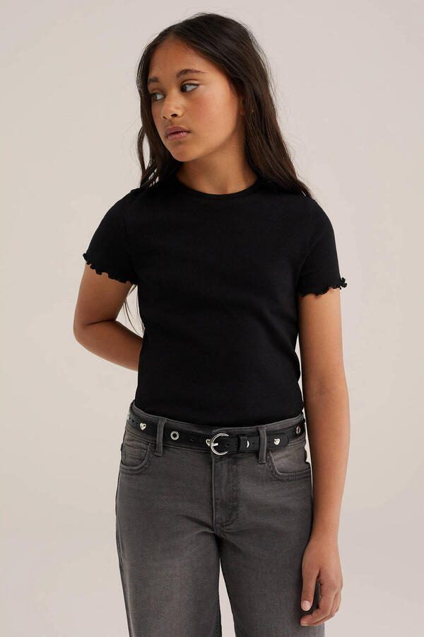 WE Fashion ribgebreid T-shirt met borduursels zwart Meisjes Katoen Ronde hals 110 116 - Foto 3