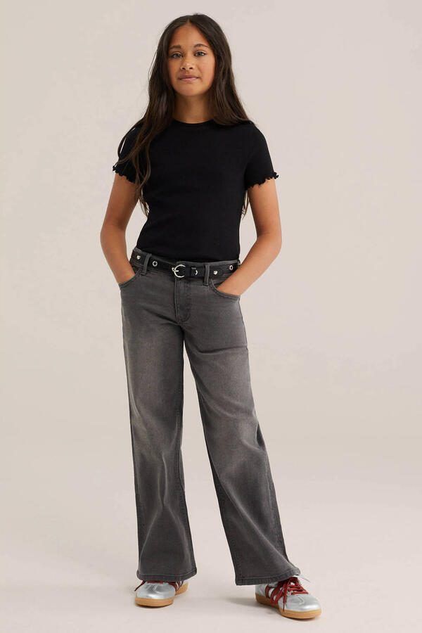 WE Fashion ribgebreid T-shirt met borduursels zwart Meisjes Katoen Ronde hals 110 116 - Foto 4