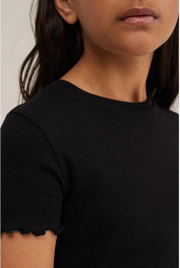 WE Fashion ribgebreid T-shirt met borduursels zwart Meisjes Katoen Ronde hals 110 116 - Foto 2