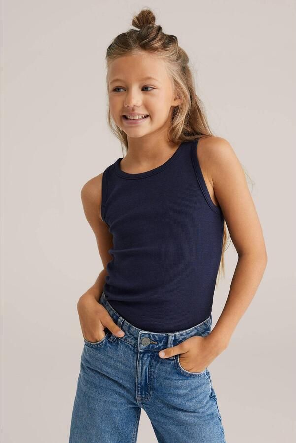 WE Fashion ribgebreide top blue nights Blauw Meisjes Katoen Ronde hals 110 116