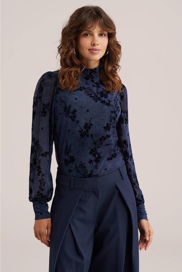 WE Fashion semi-transparante gebloemde top met col donkerblauw
