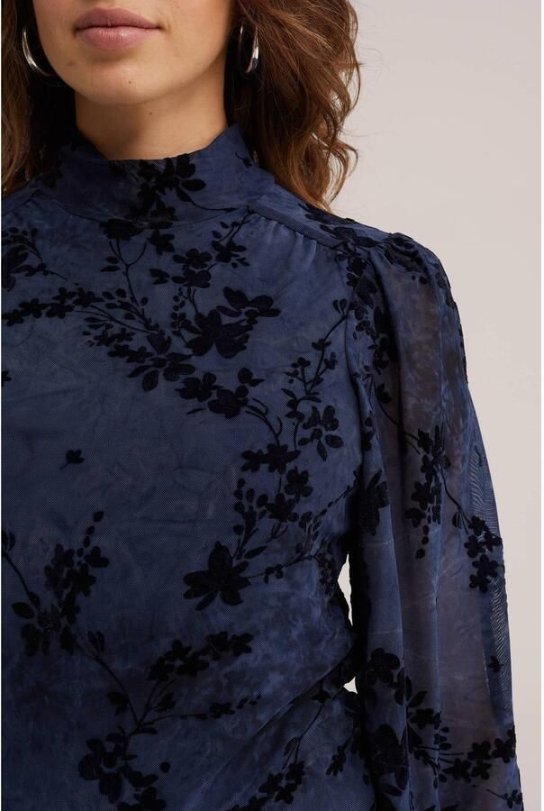 WE Fashion semi-transparante gebloemde top met col donkerblauw - Foto 2