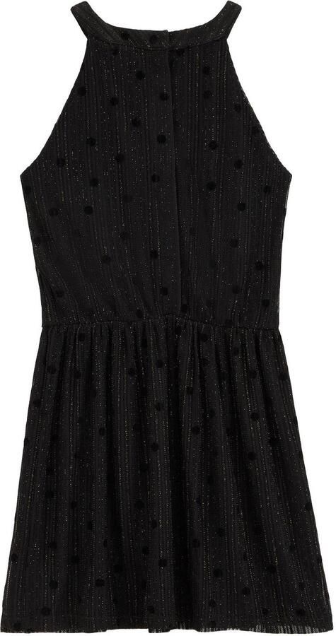WE Fashion semi-transparante korte halterjurk met glitters black dessin Zwart Meisjes Nylon Ronde hals
