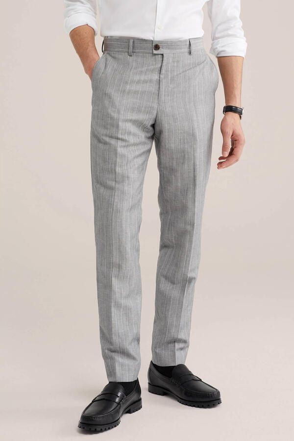 WE Fashion slim gestreepte pantalon met linnen grijs