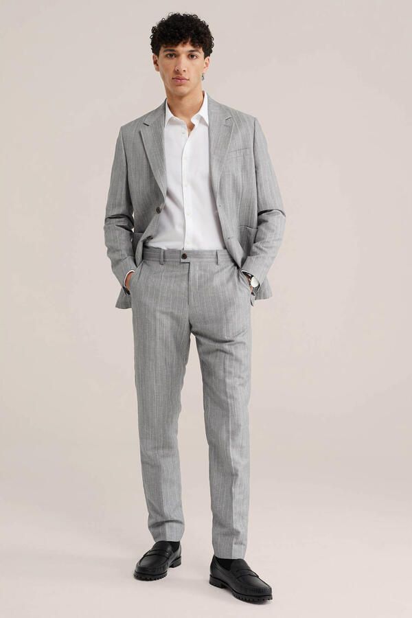 WE Fashion slim gestreepte pantalon met linnen grijs - Foto 3