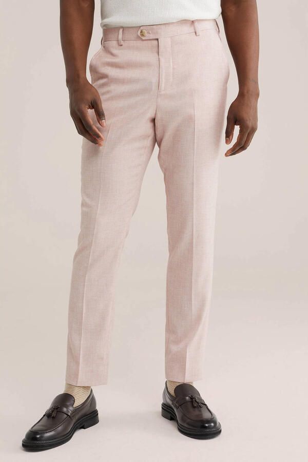 WE Fashion slim pantalon lichtroze met textuur