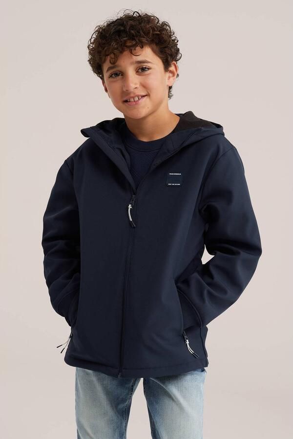 WE Fashion softshell jas donkerblauw Jongens Polyester Capuchon Effen