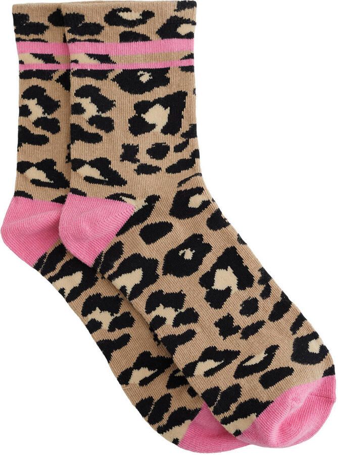 WE Fashion sokken met panterprint beige zwart roze