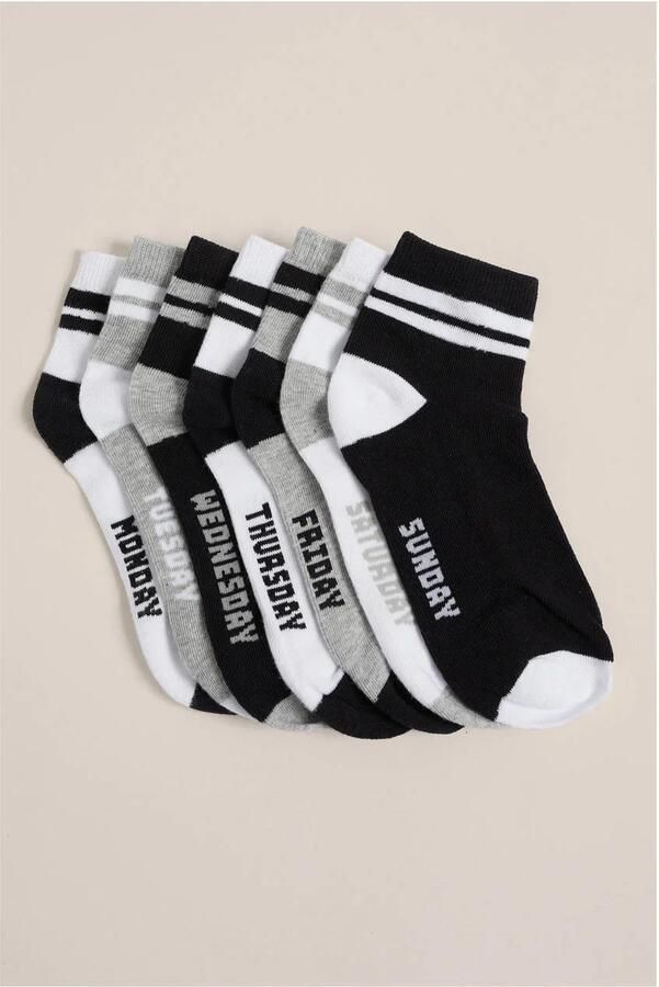 WE Fashion Sokken set van 7 zwart grijs wit Jongens Stretchkatoen Streep 35 38