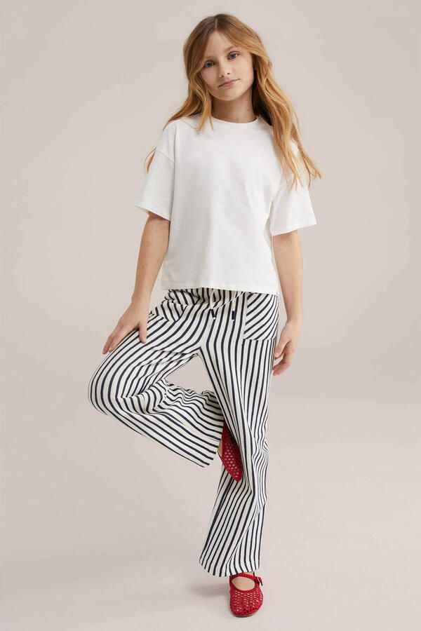 WE Fashion straight gestreepte casual broek donkerblauw fijn gebreid