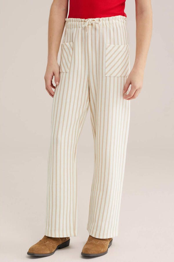 WE Fashion straight gestreepte casual broek zand fijn gebreid