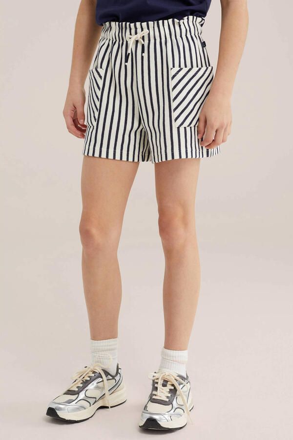 WE Fashion straight gestreepte casual short donkerblauw gebreid