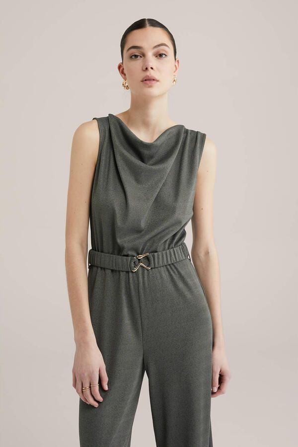 WE Fashion straight jumpsuit donkergroen met lurex