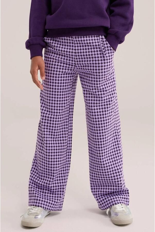 WE Fashion straight leg geruite pantalon paars donkerpaars Broek Meisjes Polyester