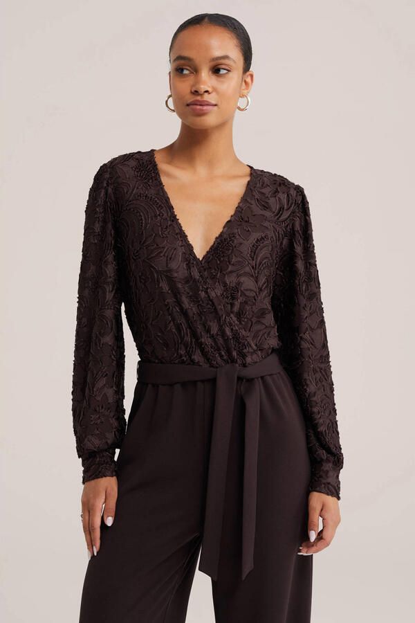 WE Fashion straight leg jacquard jumpsuit met ceintuur bruin