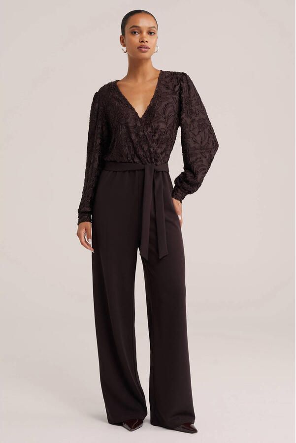 WE Fashion straight leg jacquard jumpsuit met ceintuur bruin - Foto 2