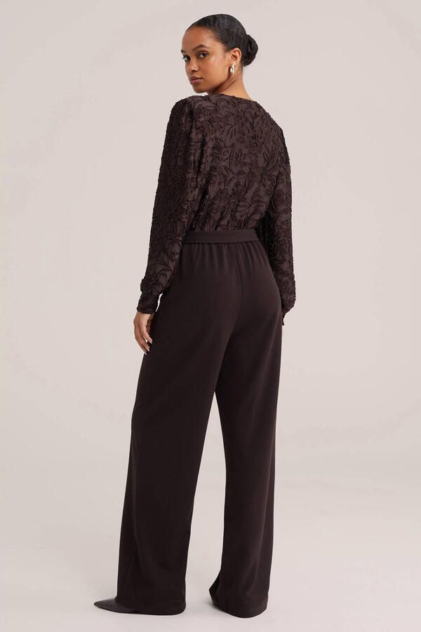 WE Fashion straight leg jacquard jumpsuit met ceintuur bruin - Foto 3
