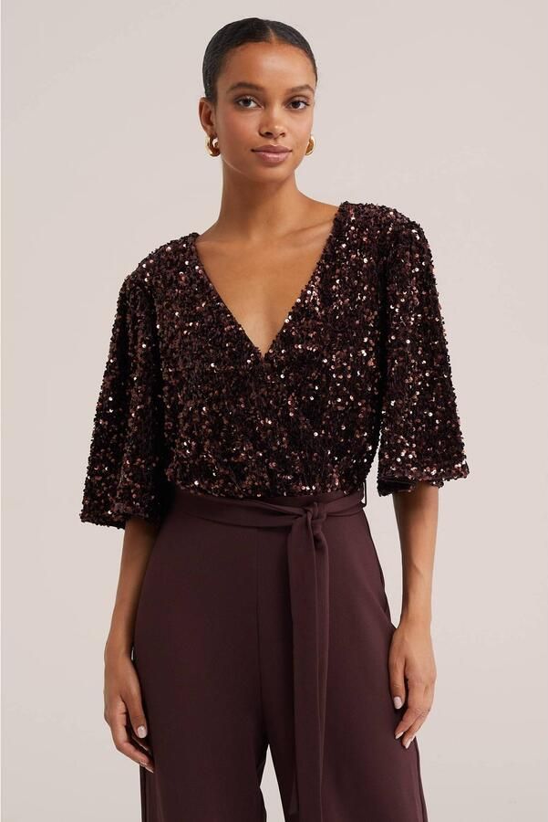 WE Fashion straight leg jumpsuit met pailletten aubergine