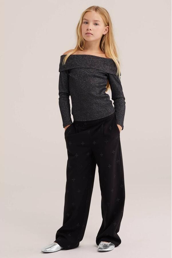 WE Fashion straight leg pantalon met print zwart Broek Meisjes Polyester