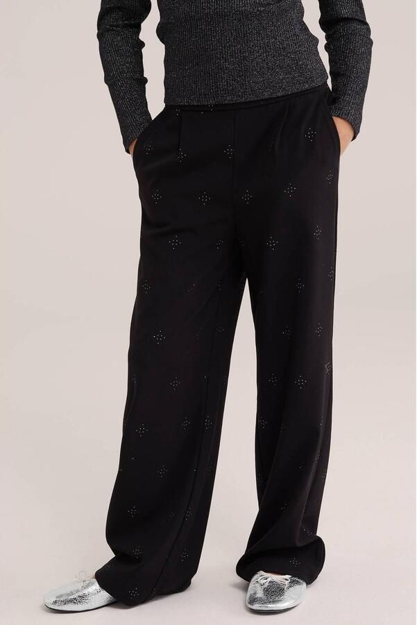 WE Fashion straight leg pantalon met print zwart Broek Meisjes Polyester - Foto 2