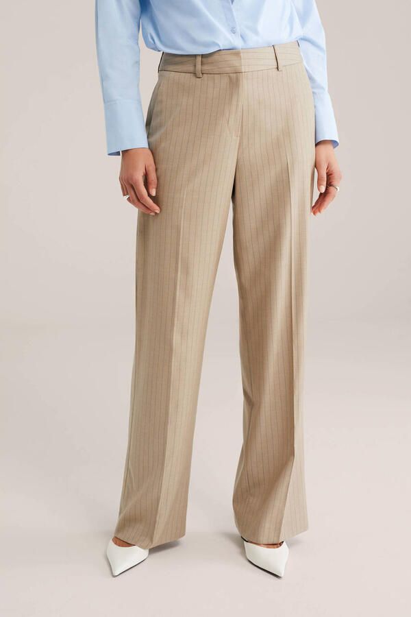 WE Fashion straight regular waist broek met krijtstreep zand