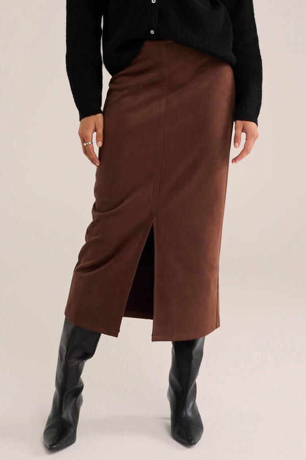 WE Fashion suèdelook midi kokerrok bruin