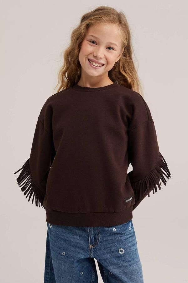WE Fashion sweater met franjes donkerbruin Effen