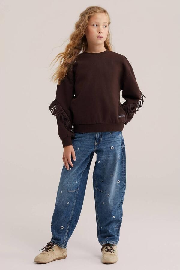 WE Fashion sweater met franjes donkerbruin Effen - Foto 3