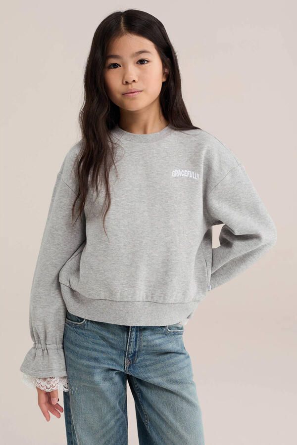 WE Fashion sweater met kant grijs