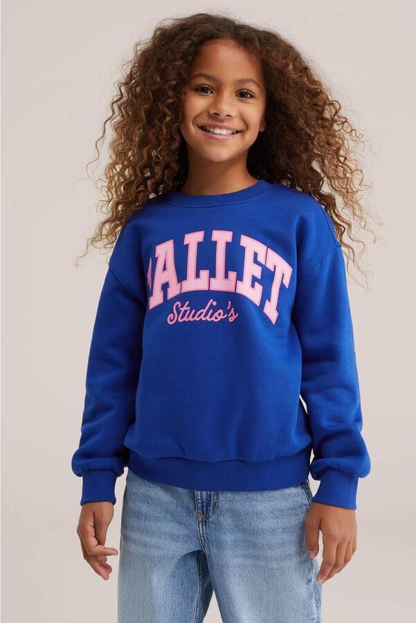 WE Fashion sweater met tekst blauw Trui Meisjes Katoen Ronde hals Tekst