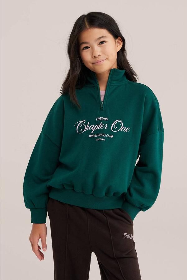 WE Fashion sweater met tekst groen Tekst