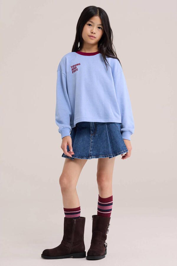 WE Fashion sweater met tekst lichtblauw donkerrood Tekst