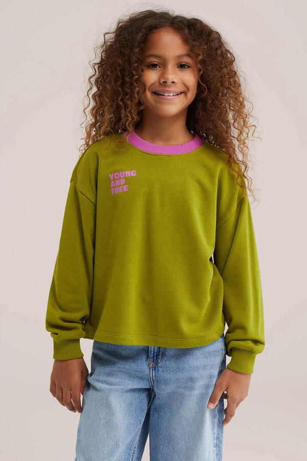 WE Fashion sweater met tekst olijfgroen roze Tekst