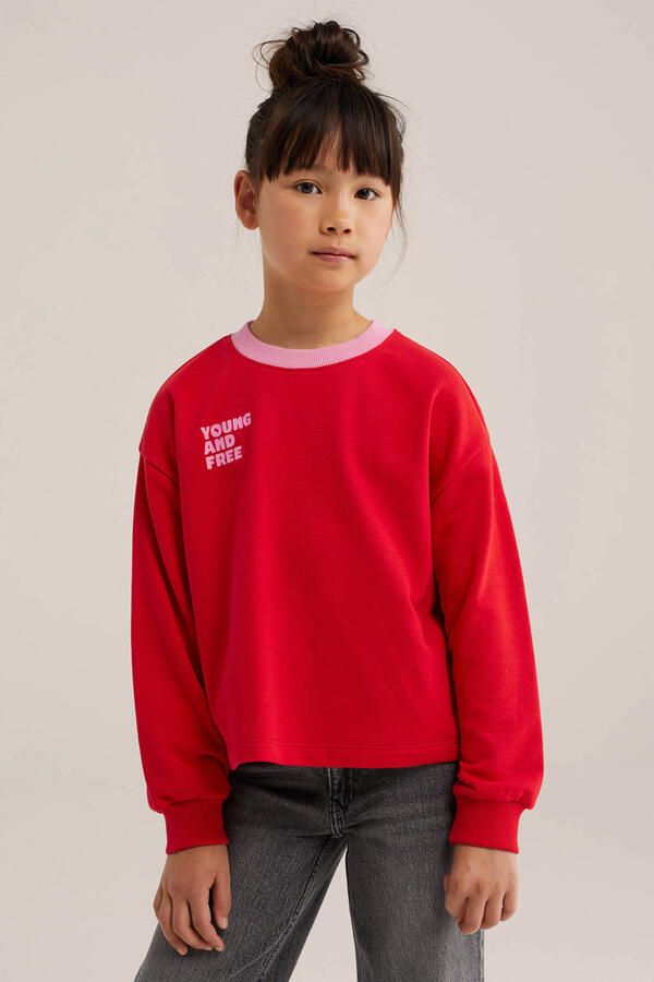 WE Fashion sweater met tekst rood lichtroze Tekst