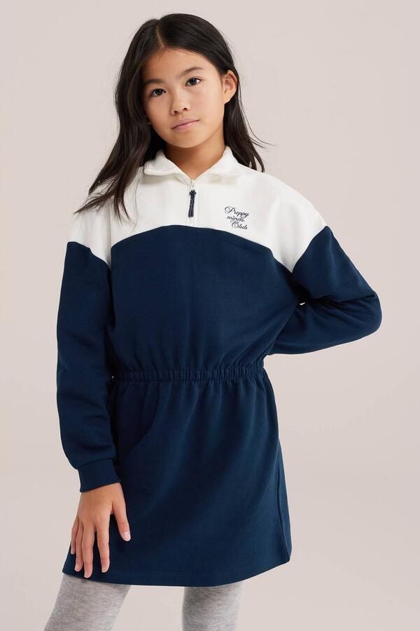 WE Fashion sweatjurk donkerblauw wit Meisjes Katoen Schipperskraag Meerkleurig