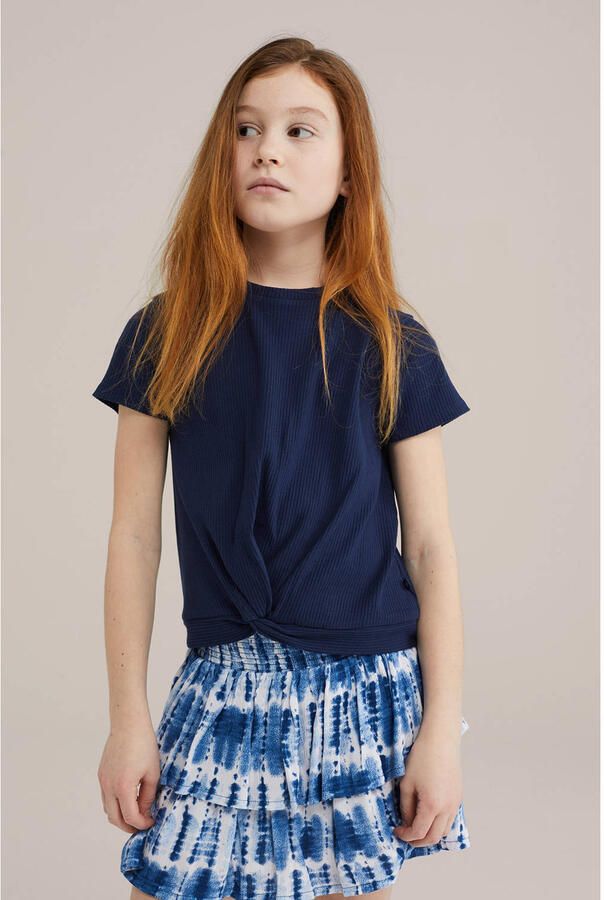 WE Fashion T-shirt donkerblauw rib gebreid