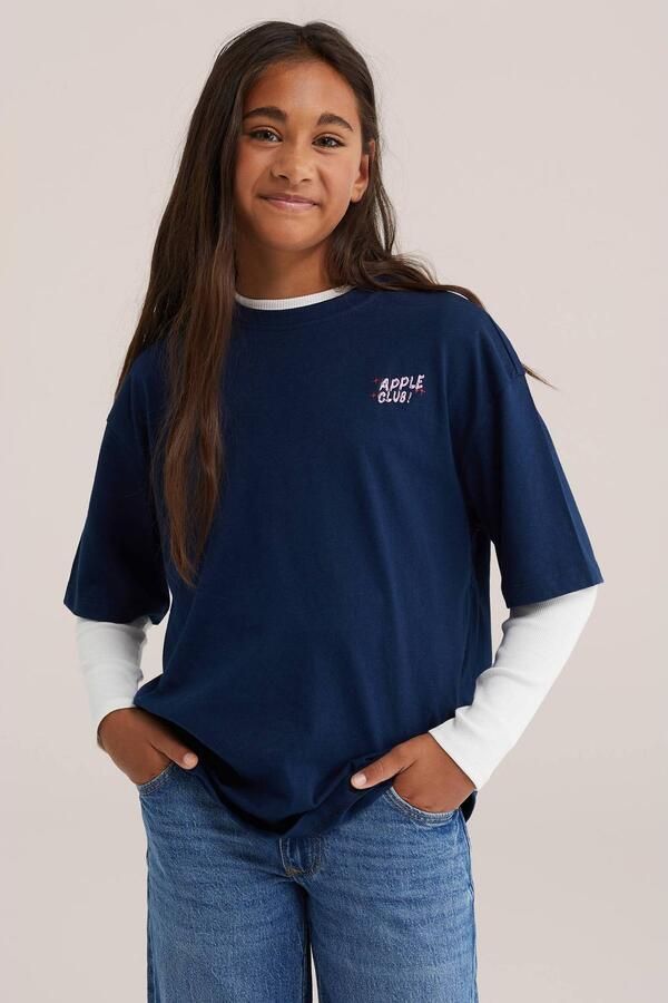 WE Fashion T-shirt met backprint donkerblauw Meisjes Katoen Ronde hals pailletten