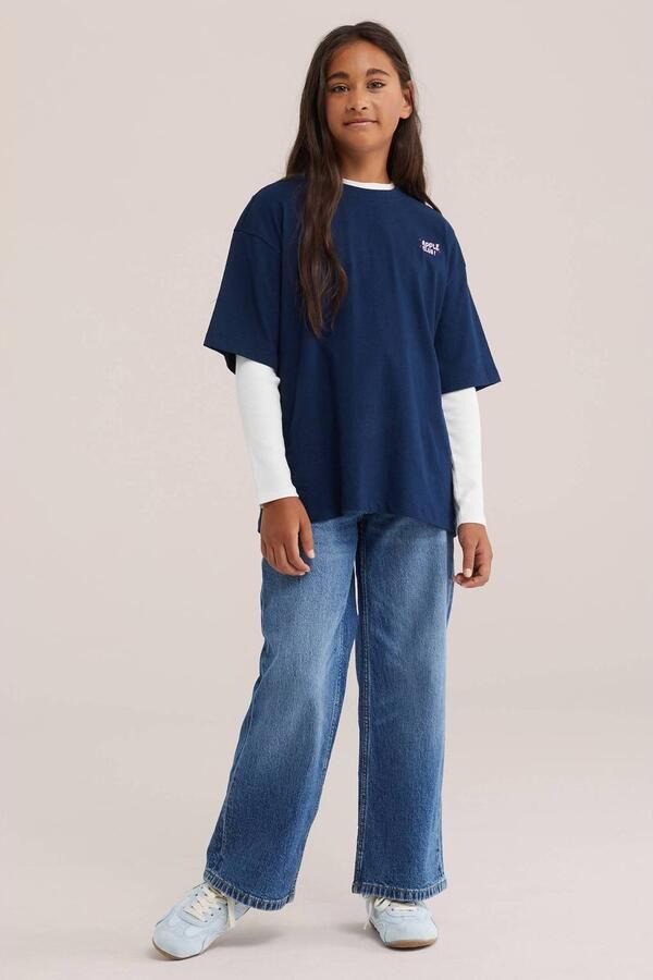 WE Fashion T-shirt met backprint donkerblauw Meisjes Katoen Ronde hals pailletten - Foto 2