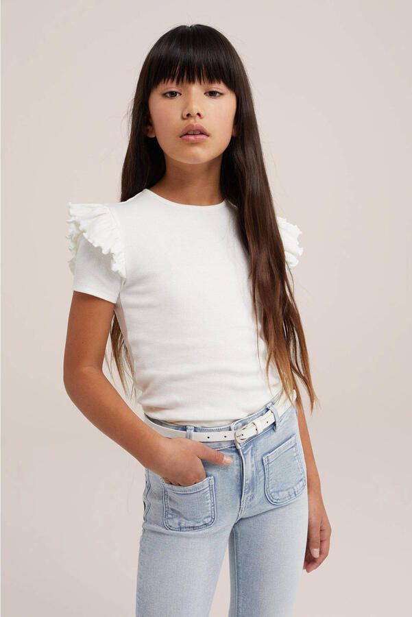 WE Fashion T-shirt met ruches wit Meisjes Stretchkatoen Ronde hals Effen 110 116